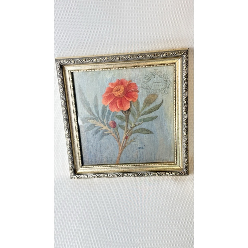 Classic Botanical DANHUI Signed Gold/Silver Decor Framed Red Zinnia Flower Print - Picture 3 of 3